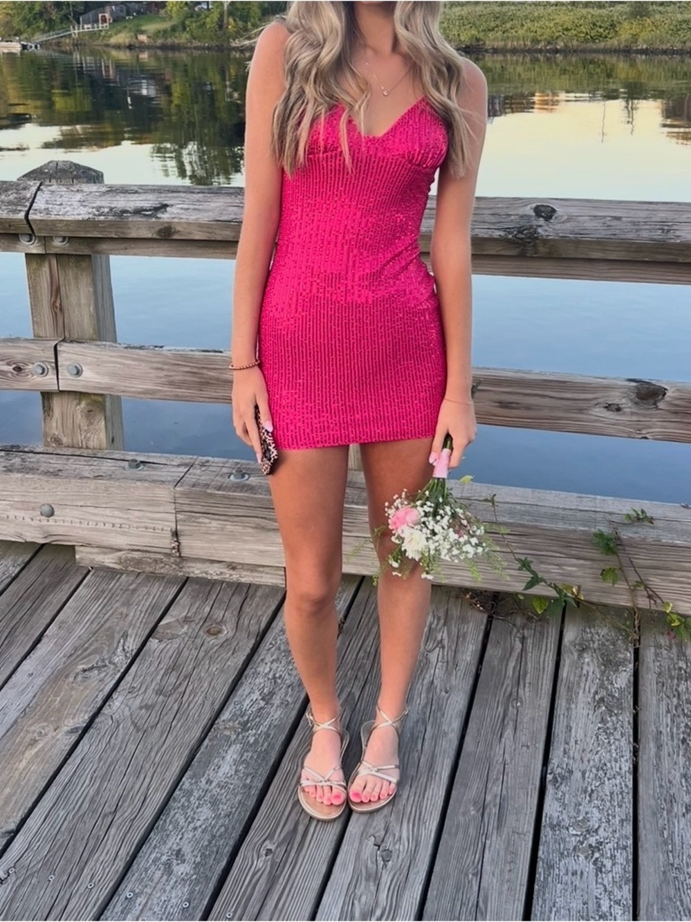 Pink Sequin Mini Dress - Sleek V-Neck Party Dress